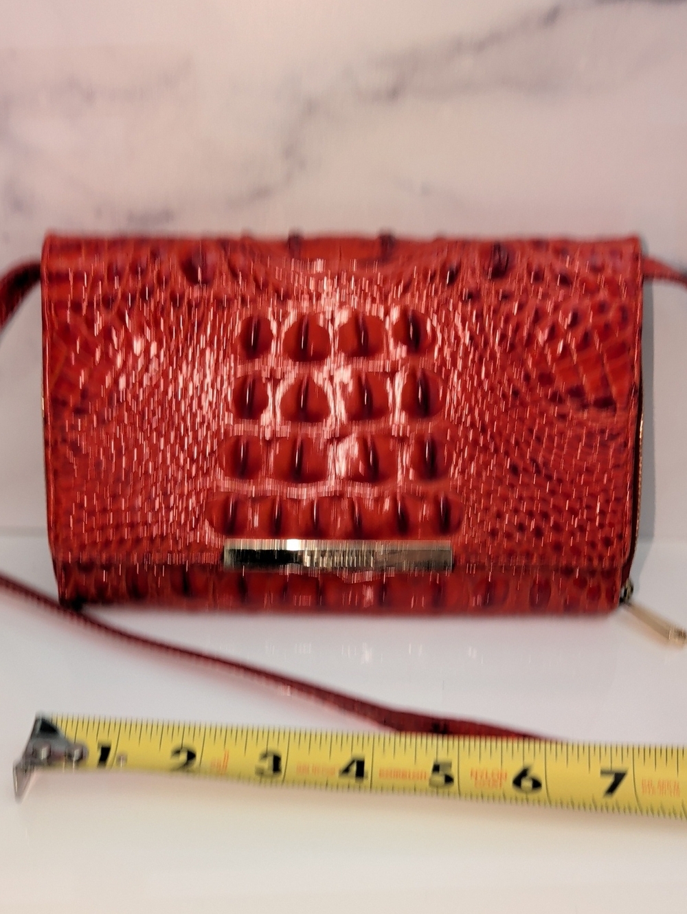 Brahmin Red Croc-Embossed Crossbody Wallet with Gold Bar